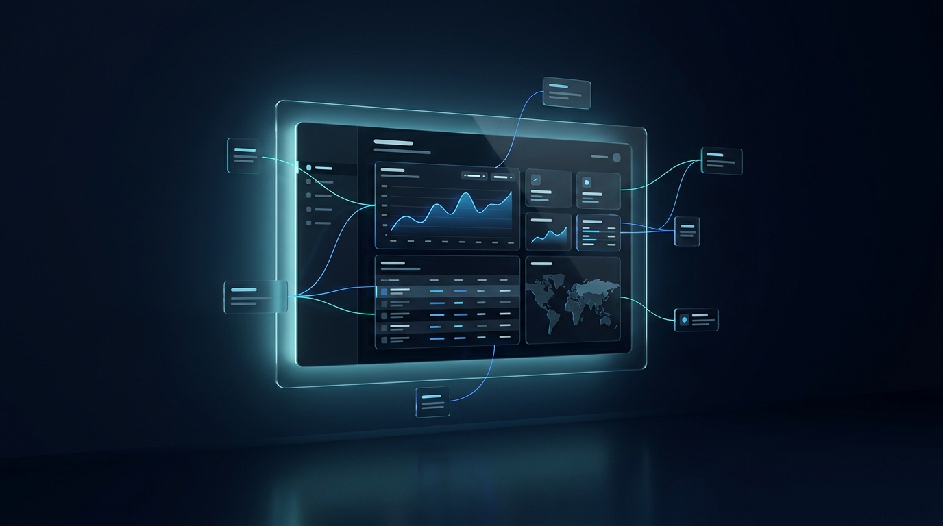 A bespoke dark web application dashboard being assembled from modular parts connected by glowing lines.